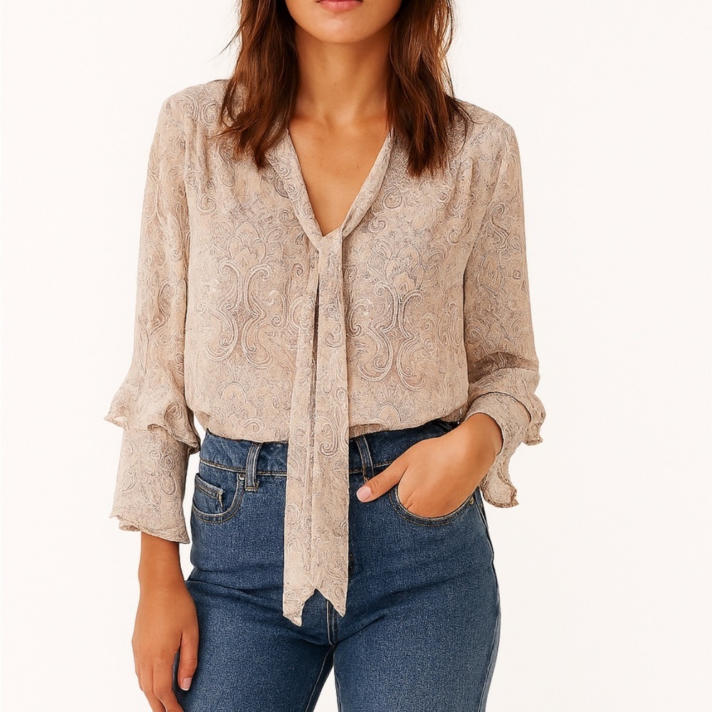 White House Black Market Beige Paisley Tie-Neck Blouse